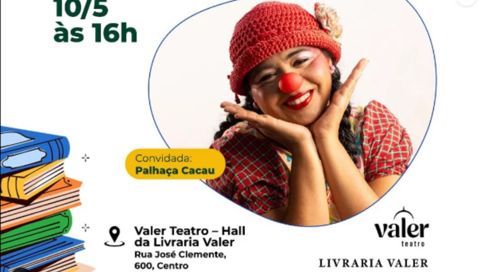 Palhaça Cacau comanda tarde de histórias e brincadeiras na Valer Teatro.