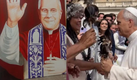 Papa Leão XIV recebe presente de artistas indígenas amazônicos no Vaticano