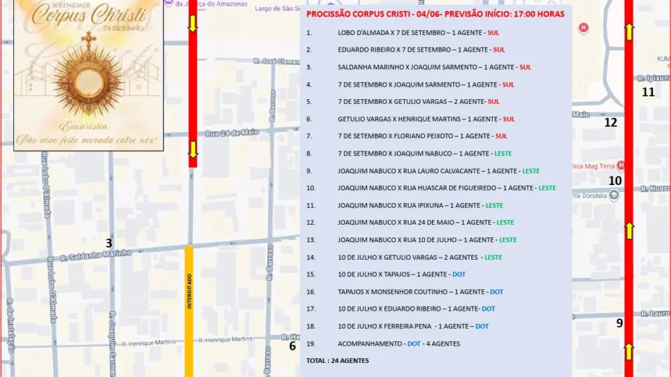 Saiba qual trecho de avenida em Manaus que será interditado para celebração de Corpus Christi